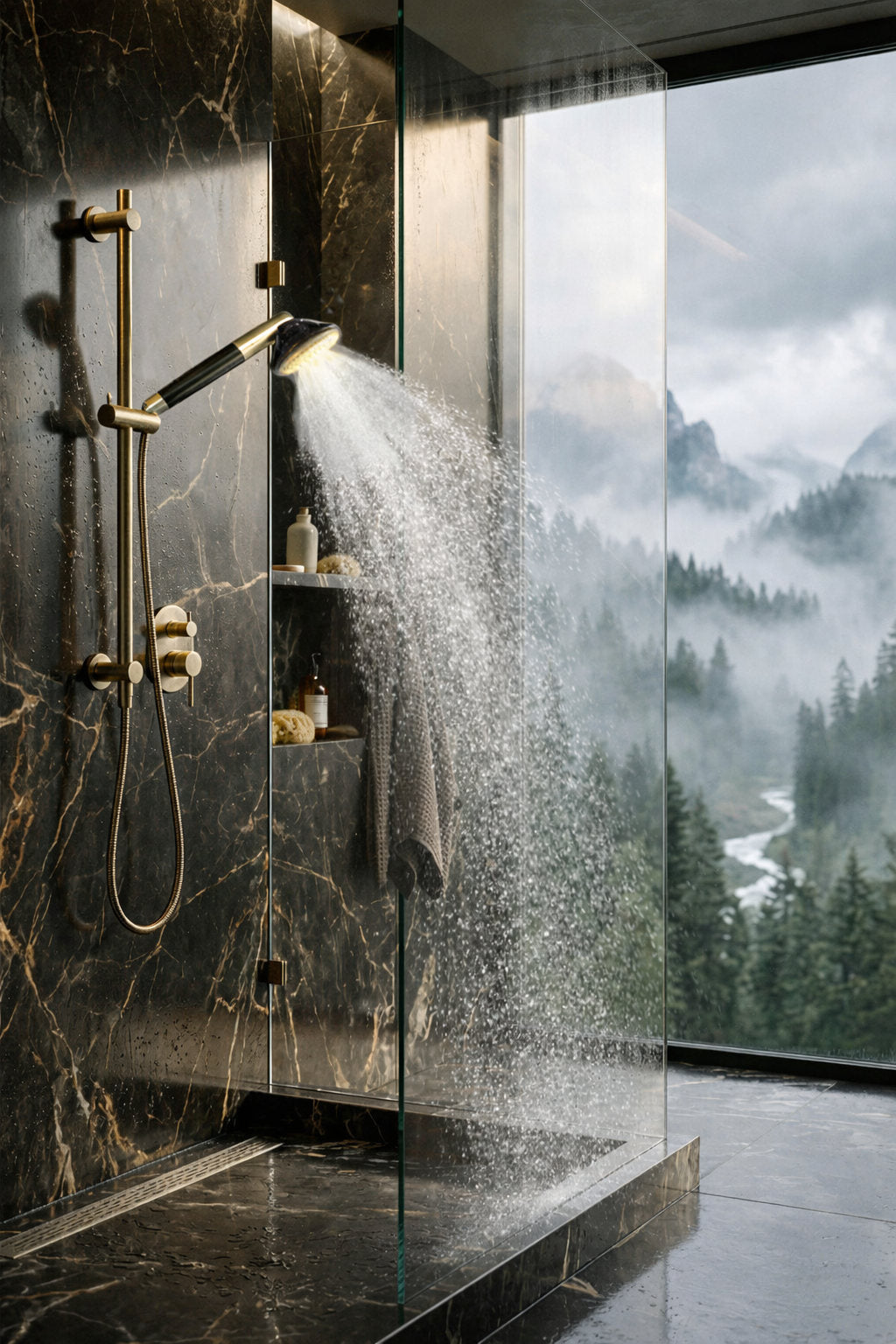 Golden vortex shower spray in a luxury marble bathroom