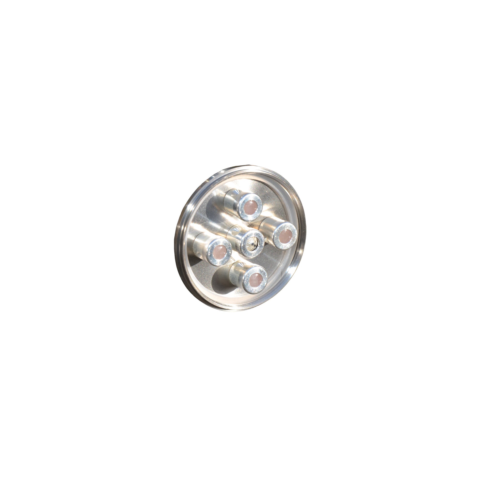 Kleine Rose 5 — five titanium vortex chambers with rose quartz crystals, chamber plate