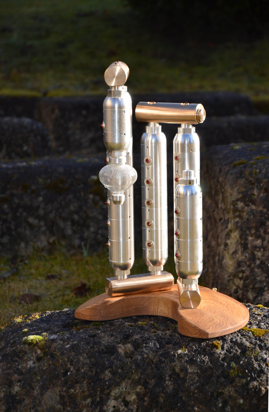 Unio Mystica 21 – crystal vortex masterpiece in titanium and gold with rubies, on oak base